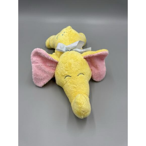 Yellow Elephant Plush Rattle W/ Pink Ears Laying Flat 12” Stuffed Animal - Picture 1 of 6